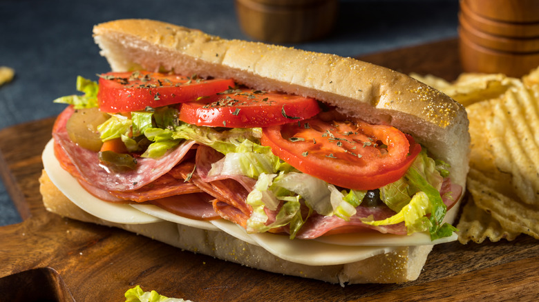 Italian sub on cutting board