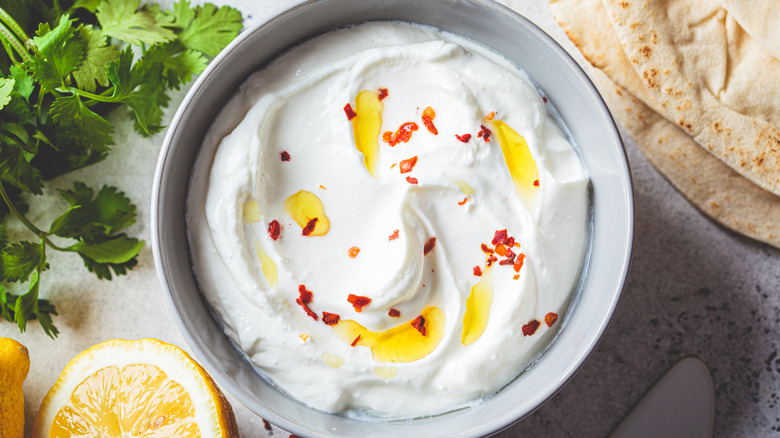 Bowl of whipped feta with spices and lemon