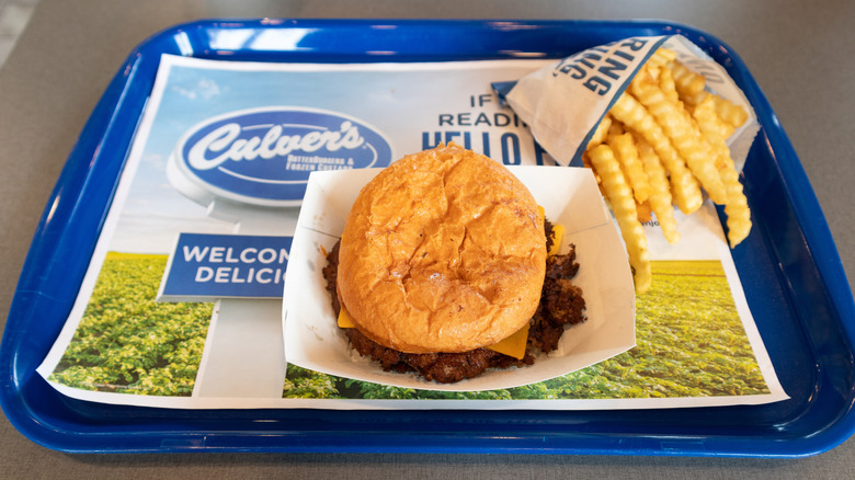 Culver's Fast Food Restaurant Butter Burger with French Fries on a Tray