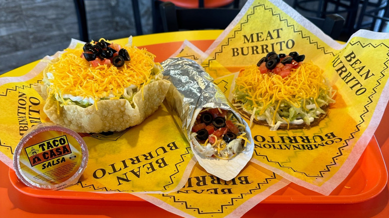 Tray of various Taco Casa menu items.