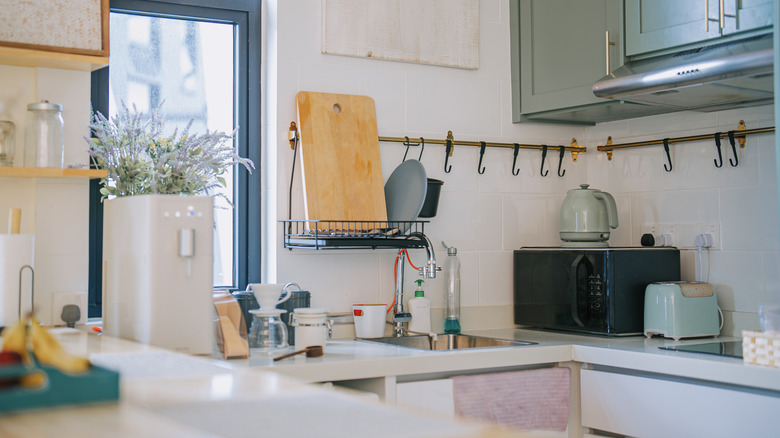 A mildly cluttered kitchen counter could use some organizing.