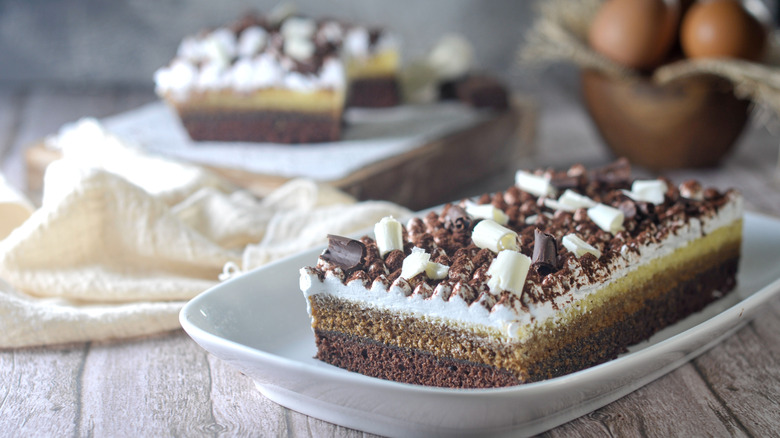 a tiramisu-inspired brownie with shaved chocolate curls on top