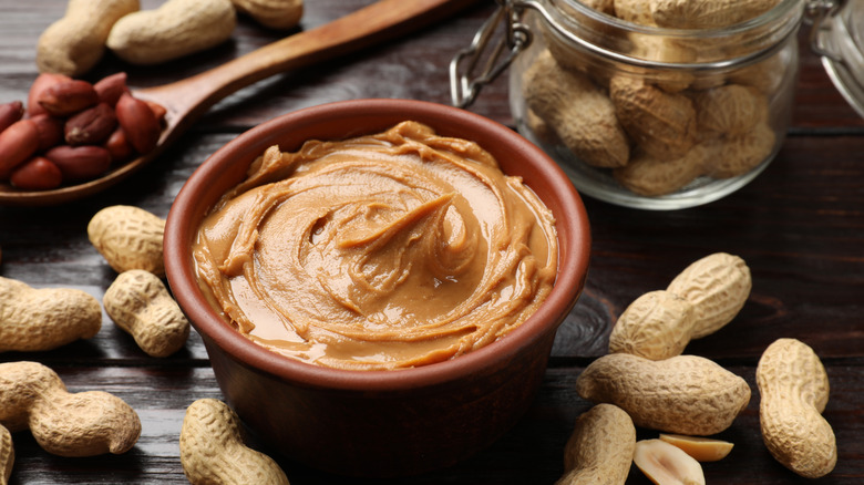 Bowl of creamy peanut butter surrounded by peanuts