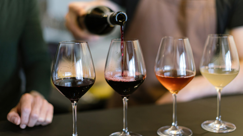 Wine tasting flight of red, rosé, and white wine
