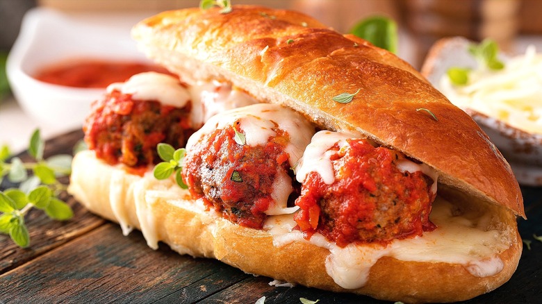 Meatball sub with melted mozzarella cheese