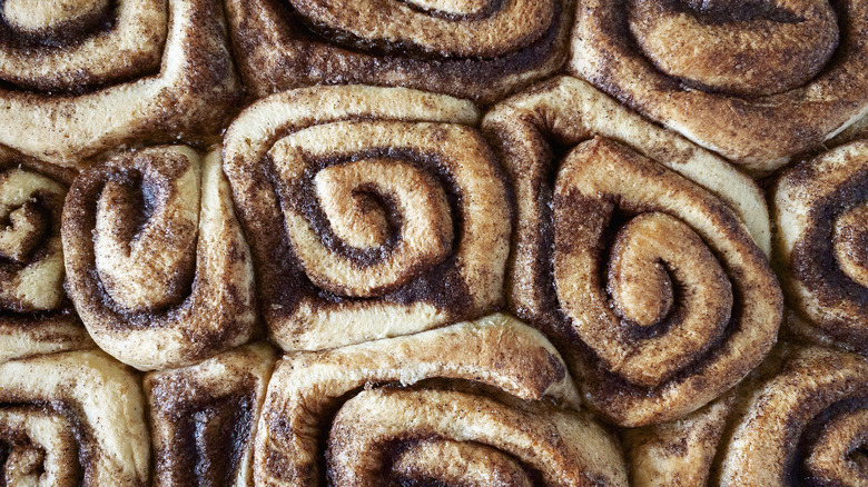 overhead shot of tray of cinnamon rolls