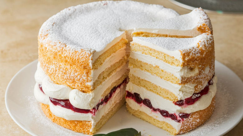 Victoria sponge cake with strawberry jam and whipped topping