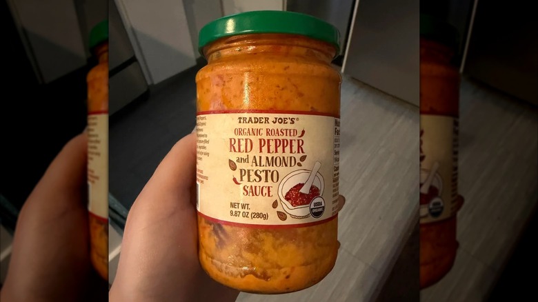 Trader Joe's Organic Roasted Red Pepper and Almond Pesto Sauce.