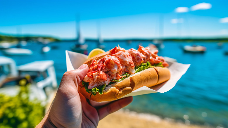 Lobster roll held out in front of a beautiful bay