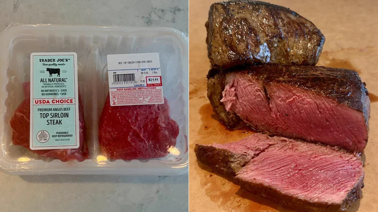 Trader Joe's All-Natural USDA Choice Premium Angus Beef Top Sirloin in packaging next to the cooked steak.