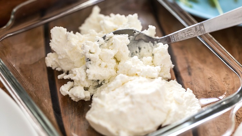 Farmer's cheese in a square glass container with a metal spoon