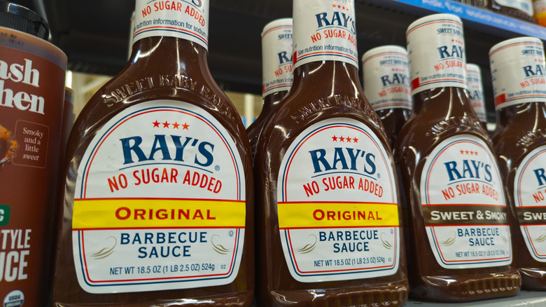 bottles of Ray's No Sugar Added Barbecue Sauce on a store shelf