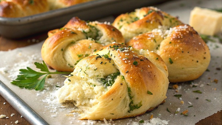 Four baked garlic knots with green herbs on a piece of parchment paper