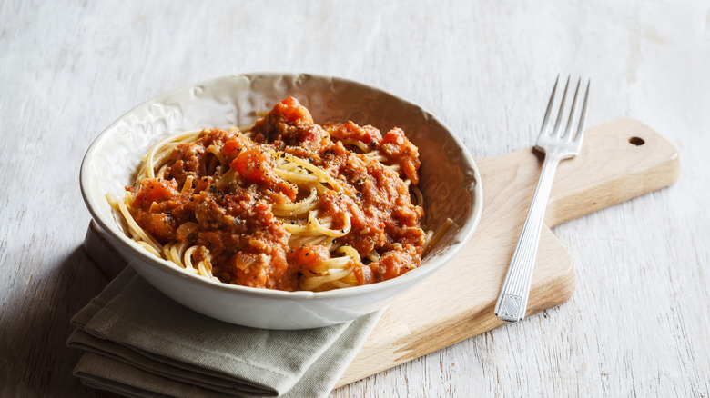 Bowl of pasta in red sauce