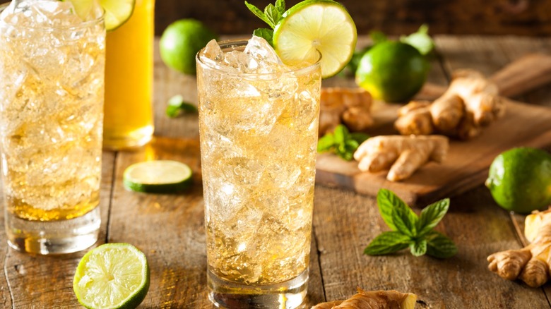A glass of ginger ale with lime and mint