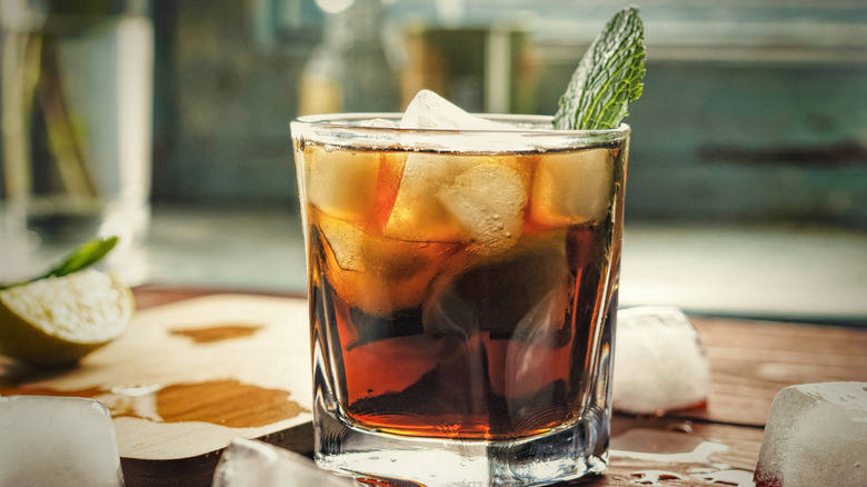 Glass of rum on the rocks