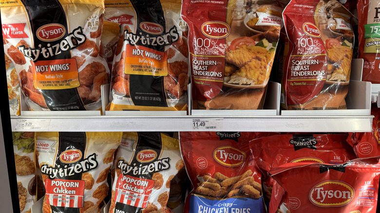 Tyson chicken products in the frozen section of the grocery store