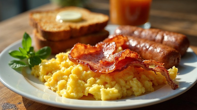 Scrambled eggs topped with bacon on a plate with sausage and toast