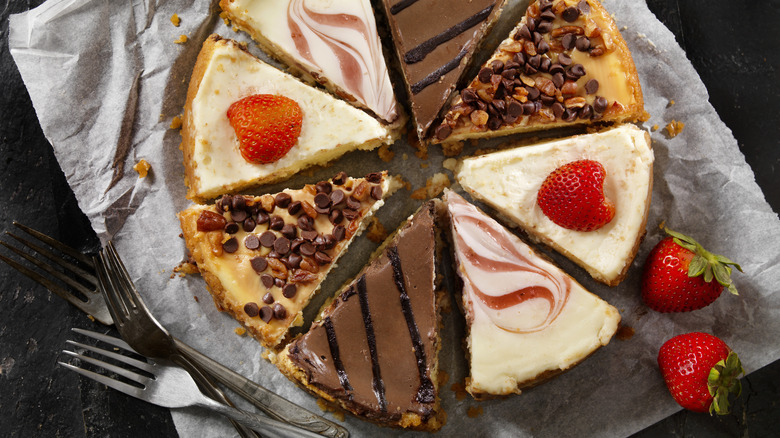 Various slices of cheesecake