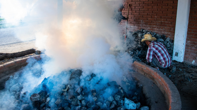Mezcaleros cooking agave piñas to make mezcal