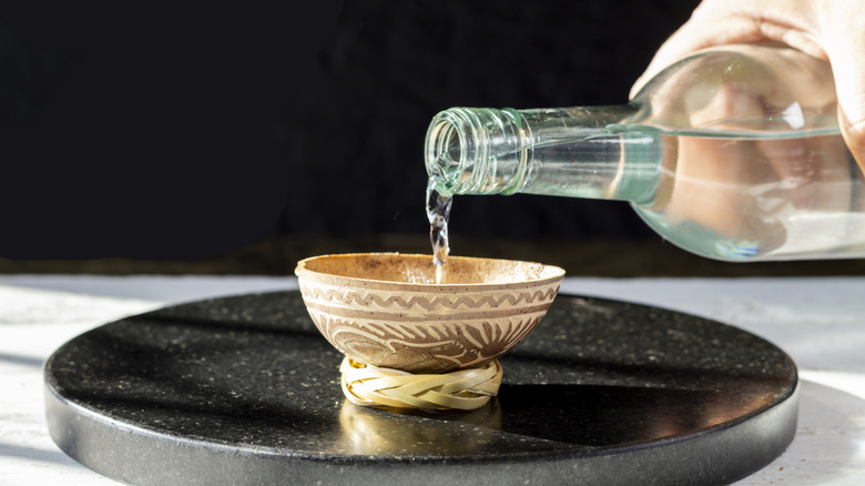 A person pouring a shot of mezcal