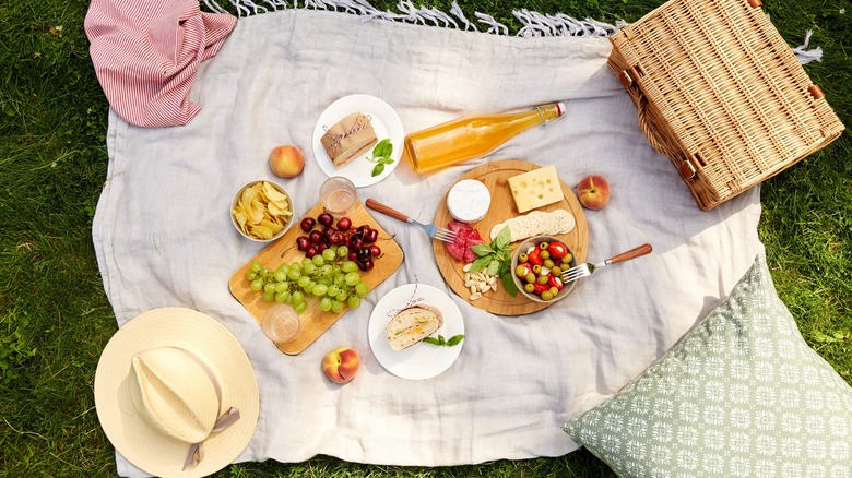 Picnic spread on blankets outside