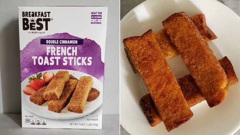 Four Breakfast Best double cinnamon French toast sticks stacked in a square alongside their packaging