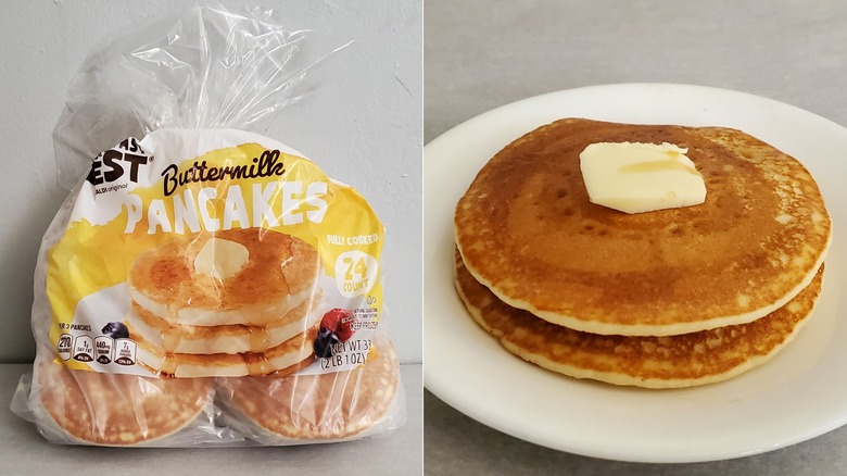 Breakfast Best buttermilk pancakes with butter and syrup on a white plate alongside the original packaging