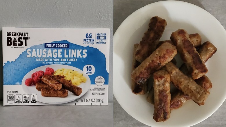 Breakfast Best heat and serve sausage links piled on a white plate alongside their packaging