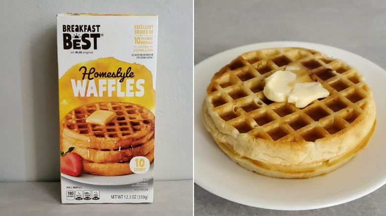 Breakfast Best homestyle waffles with butter and syrup on a white plate, alongside its package