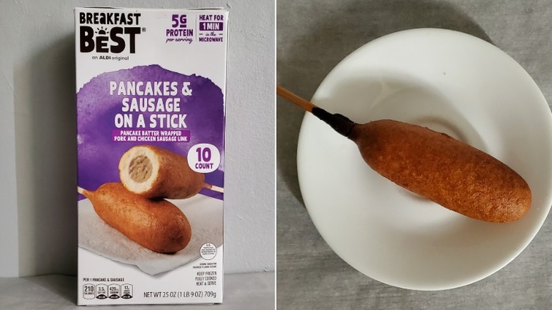 Breakfast Best pancakes and sausage on a stick alongside its packaging