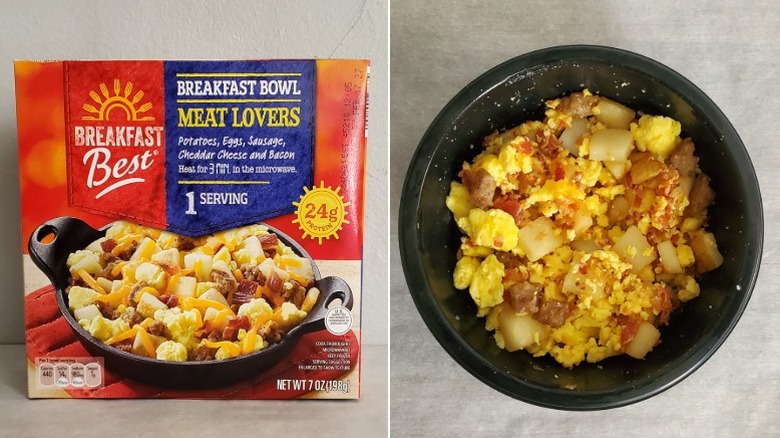 Breakfast Best Meat Lovers breakfast bowl with sausage, bacon, scrambled eggs, potatoes, and cheese, with package