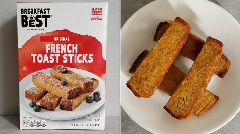 Four Breakfast Best original French toast sticks stacked on a white plate alongside their packaging
