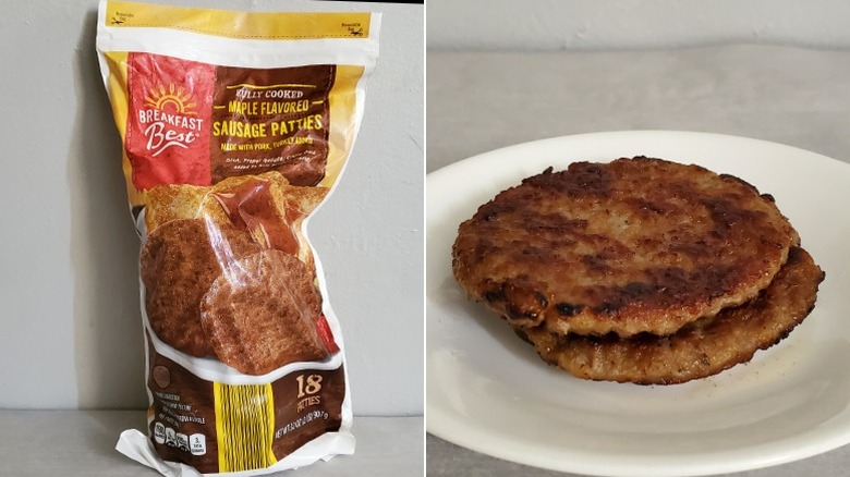 Two Breakfast Best maple sausage patties stacked on a white plate alongside the packaging