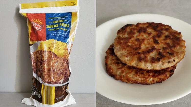 Two Breakfast Best original sausage patties stacked on a white plate alongside the packaging