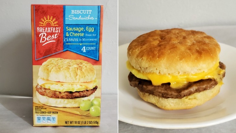 Breakfast Best sausage, egg, and cheese biscuit sandwich with its package