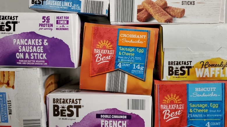 End view of assorted Breakfast Best frozen breakfast items from Aldi