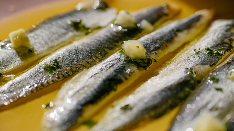 Anchovies are plated with oil and garlic in a close-up photo.