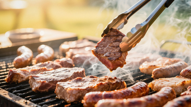 Meat being grilled, with one piece being picked up with a tong