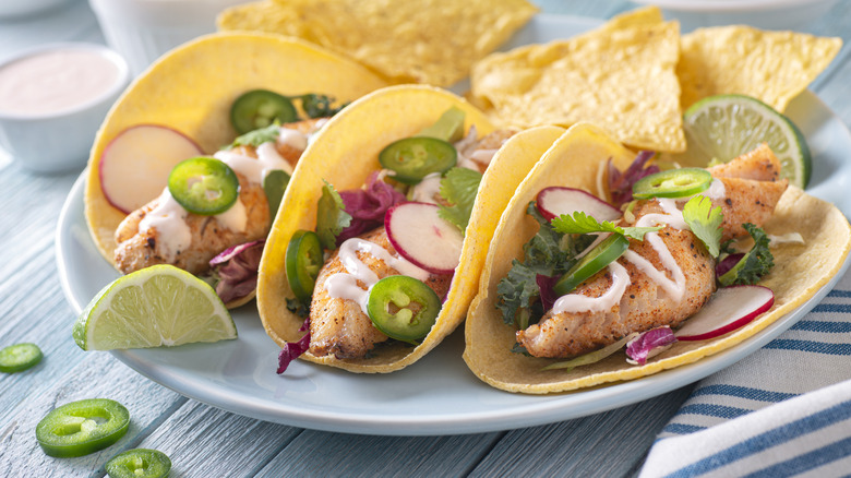 fish tacos topped with radishes and jalapenos