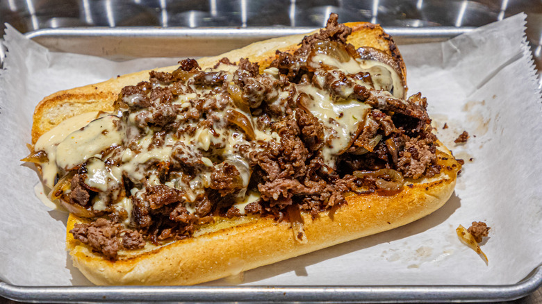 Cheesesteak on parchment paper