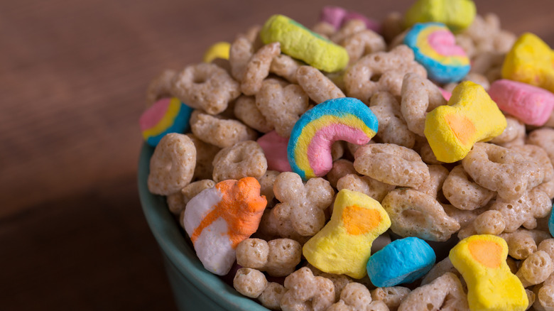 A big overflowing bowl of Lucky Charms cereal