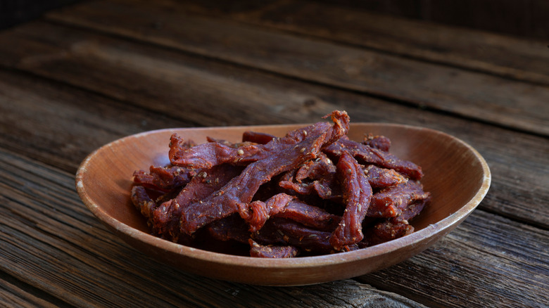 Wooden bowl of steak strips