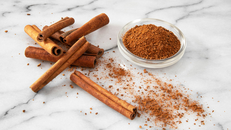 Close up of cinnamon sticks and powder on white countertop.