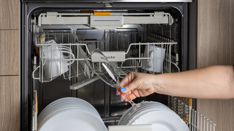 Person taking a glass out of a Miele dishwasher