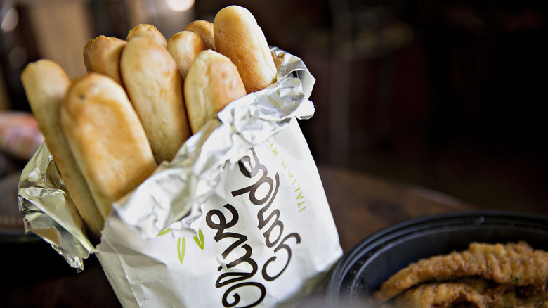 Foil-wrapped Olive Garden breadsticks.