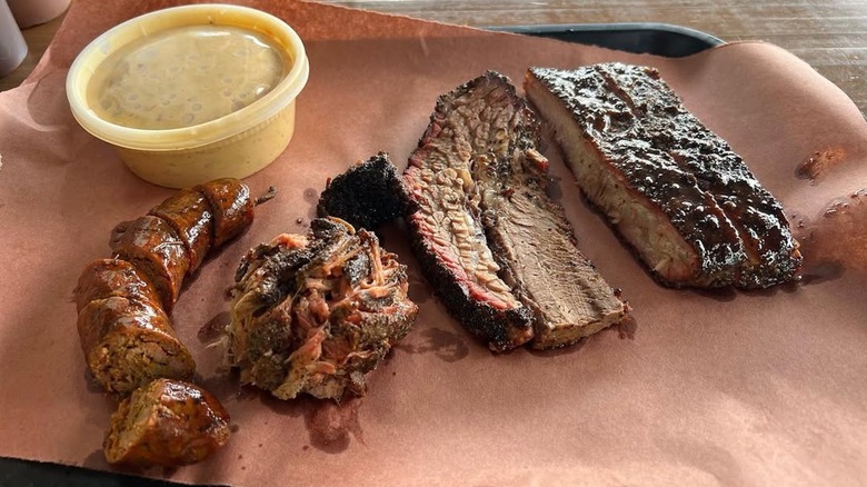 A tray of brisket and sausage at La Barbecue in Austin.