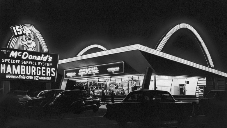 A black-and-white historic photo of a Stanley Meston McDonald's.