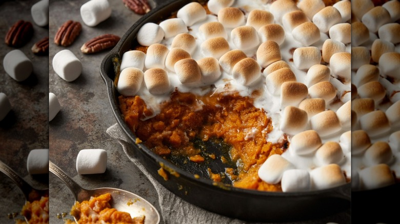 Sweet potato casserole with marshmallows in a pan
