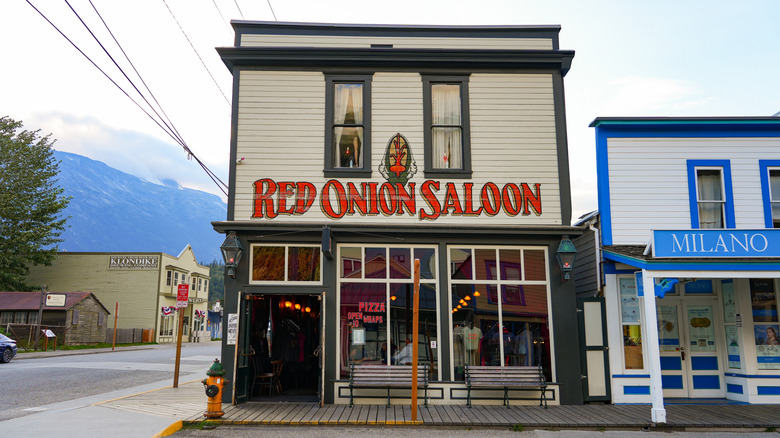 A gold rush-era saloon in Alaska is seen from outside.